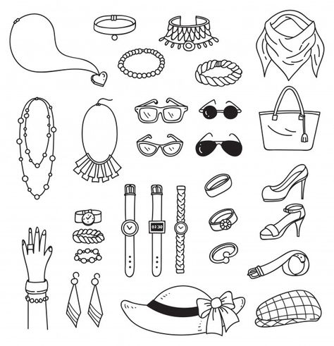 Set of fashion accessories doodle isolated on white background Premium Vector Accessories Illustration Fashion, Cute Accessories Drawing Ideas, Fashion Doodles Illustration, How To Draw Hair Accessories, Accessories Design Sketch Fashion Illustrations, Fashion Vector Illustration, Accessory Design Sketches, Accessories For Drawing, Fashion Doodle Art