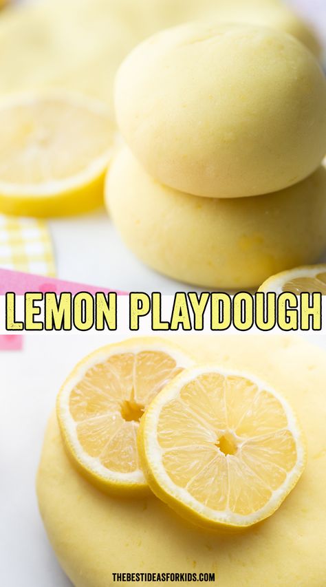 Lemon Preschool Craft, Lemon Scented Playdough, Lemon Day Activity, Summer Playdough Ideas, Things That Are Yellow Preschool, Spring Playdough Ideas, Lemon Sensory Play, Lemon Science Experiments Kids, Lemon Sensory Bin