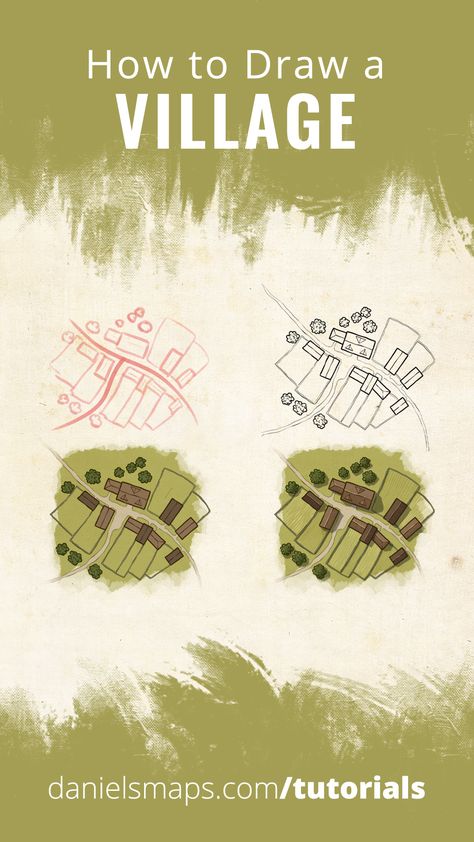 In this short step-by-step tutorial you’ll learn how to draw a village from start to finish, including the line art, colouring and shading. Click the image to read the full tutorial! How To Draw Maps Step By Step, How To Draw A Village On A Map, How To Draw A Village, Fantasy Village Map, Landscape Drawing Tutorial, Cartography Map, Map Sketch, Fantasy City Map, Fantasy Map Making