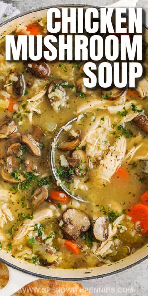 Chicken and Mushroom Soup - Spend With Pennies Chicken And Rice Soup With Mushrooms, Fresh Mushroom Soup, Mushroom Soups And Stews, Chicken Mushroom Noodle Soup, Chicken Broccoli Mushroom Soup, Mushroom Chicken Soup Recipes, Chicken Mushroom Barley Soup, Slow Cooker Chicken Mushroom Soup, Orzo Mushroom Soup