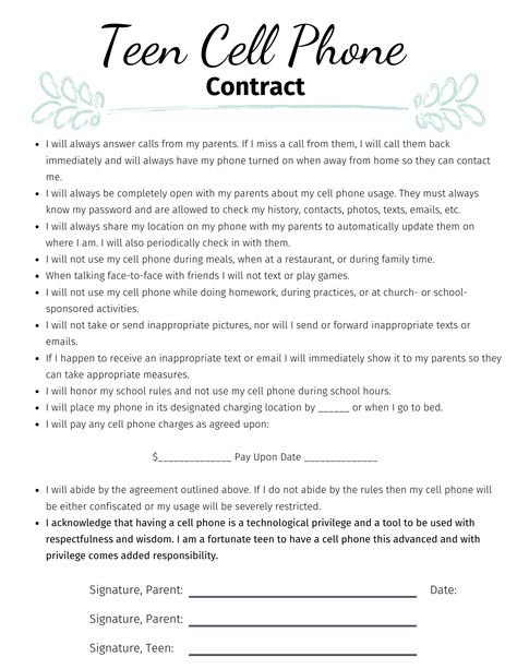 Cell Phone Contract For Kids, Teen Cell Phone Contract, Technology Contract, Cell Phone Rules, Phone Rules, Phone Contract, Cell Phone Contract, Screen Time Rules, Kids Phone