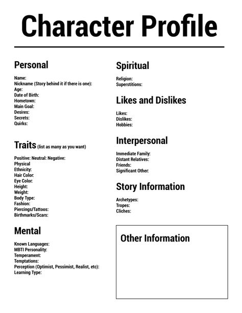 Character Profile Template, Character Sheet Writing, Creating A Character, Menulis Novel, Profile Template, Writing Inspiration Tips, Writing Plot, Writing Prompts For Writers, Writing Dialogue Prompts