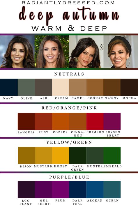 Dark Autumn Lipstick Palette, Deep Autumn Makeup Palette, Autumn Clothing Color Palette, Deep Autumn Capsule Wardrobe Summer, Autumn Skin Tone Outfits, Hoc Autumn Outfits, Deep Autumn Celebrities, Warm Winter Color Palette, Deep Autumn Color Palette Outfits