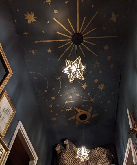 Goddess Interior Design, Whimsigoth Ceiling, Celestial Living Room Ideas, Stars Interior Design, Navy Celestial Bedroom, Vintage Ceiling Lights Living Room, Bedroom With Dark Ceiling, Celestial Ceiling Bedroom, Accent Wall Bedroom Paint Design