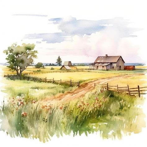 Watercolour Farm Landscape, Farm Animal Watercolor Paintings, Farm Land Painting, Farm Illustration Art, Painting Of A Field, Farm Sketches Pencil, Farm Landscape Illustration, Farms Drawing, Farm Paintings Easy