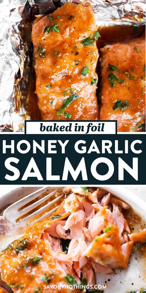 This is one of the best recipes for salmon baked in foil! The honey garlic marinade tastes so good and the entire dish only needs 5 ingredients. We’ll glaze the fish with a delicious mix of honey, soy sauce and fresh garlic. Then, wrap it in foil and baked in the oven, which only takes around 15 minutes. So easy! Honey Garlic Butter Salmon In Foil, Best Salmon Recipe Baked In Foil, Honey Garlic Salmon In Foil, Garlic Honey Butter Salmon, Salmon Garlic Honey, Honey Garlic Soy Salmon, Essen, Honey Garlic Salmon Baked In Foil, Delicious Salmon Recipes Oven Baked