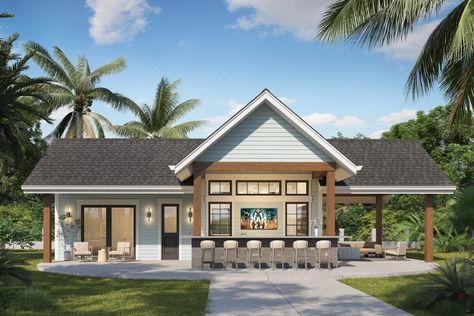 Single-Story 1-Bedroom Pool House with 16'-wide Garage Door Opening to the Rec Room (House Plan) Pool House Plans Guest Suite, Farmhouse Pool House, Pool House Floor Plans, Garage Pool House, Barn Pool House, Small Pool House, Barn Pool, Pool Guest House, Glass Garage