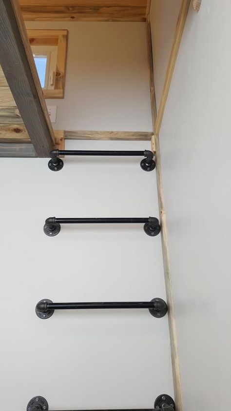 Ladder Built Into Wall, Tiny Home Loft Ladder, Ladder To Loft Ideas, Loft Ladders Ideas, Loft Bed Ladder Ideas, Loft Ladder Diy, Mezzanine Ladder, Ladder To Loft, Diy Loft Ladder