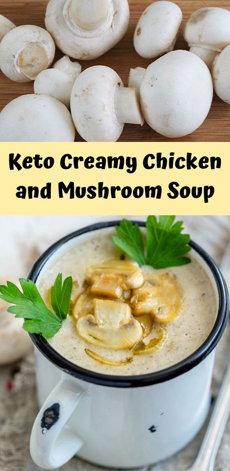 Keto Creamy Chicken and Mushroom Soup Mushroom Chicken Soup, Creamy Chicken And Mushroom Soup, Keto Creamy Chicken, Chicken And Mushroom Soup, Low Carb Low Calorie Recipes, Cauliflower Mushroom, Ground Beef And Cabbage, Carnivore Recipes, Keto Salads