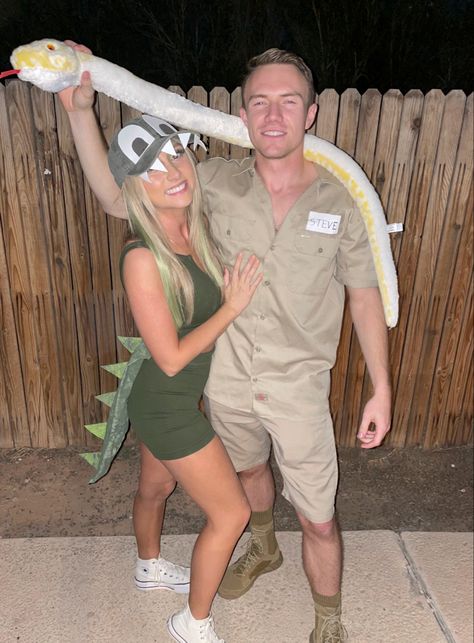 Steve Irwin And Crocodile Couple Costume, Crocodile Dress Up, Women Dinosaur Costume, Woman Dinosaur Costume, Steve Irwin Halloween Costume, Steve Irwin Costume Couple, Crocodile Halloween Costume, Crocodile Hunter Couple Costume, Guy Fieri Couple Costume