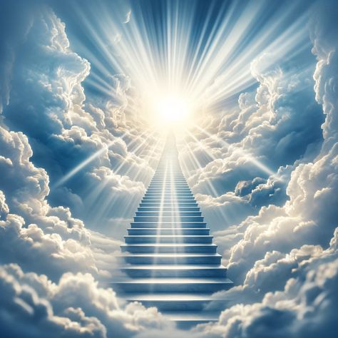 A winding staircase leading up to a radiant, cloud-filled sky with rays of sunlight breaking through, symbolizing the spiritual journey towards heaven. This staircase appears ethereal and inviting, with each step illuminated by the soft light of the sun, suggesting a path of enlightenment and ascension towards a divine realm. The overall atmosphere is peaceful and uplifting, designed to... Heaven Background, Heaven Artwork, Background Clouds, Heaven Images, Clouds Blue Sky, Heaven Pictures, Heaven Painting, Stairs To Heaven, Angel Clouds