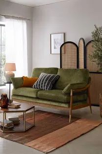 Habitat Hendricks 4 Seater Velvet Sofa - Orange | Google Shopping Green Two Seater Sofa, Small Green Sofa, Green Theme Living Room, Luxury Living Room Designs Modern Interiors, Living Room Designs Modern Luxury, Green Couch Living Room, Cottage Lounge, Green Sofa Living Room, Living Room Designs Modern