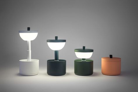 Bento is a portable, interactive lamp where you simply pull the loop on the top to turn it on and push it down into its bento-box like form to turn it off. Battery Lamps, Cordless Table Lamp, Battery Lamp, Social Design, Cad Cam, Retro Lamp, Decorative Table Lamps, Contemporary Lamps, Portable Lamps