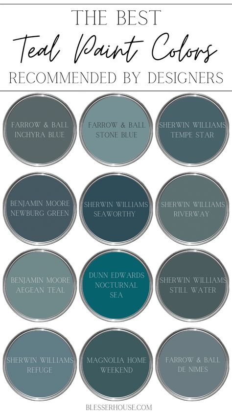 The top 12 blue green teal paint colors most recommended by designers for a moody yet vibrant space in bedrooms, bathrooms, kitchens, and home offices. Blue Green Paint Bathroom, Grayish Blue Green Paint Colors, Blue And Green Painted Furniture, Deep Teal Blue Paint Color, Best Deep Teal Paint Color, Rich Blue Green Paint Colors, Shades Of Dark Blue Paint, Best Peacock Blue Paint Color, Teal Colored Bedrooms