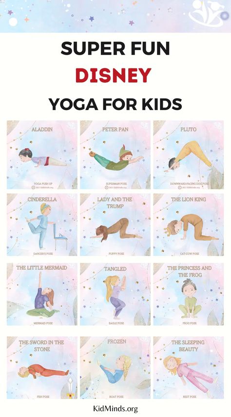 The Best 12 Disney Yoga Poses for Kids | KidMinds Preschool Yoga Poses, Yoga Preschool Activities, Kids Yoga Sequence, Children’s Yoga, Yoga Activities For Preschoolers, Disney Gross Motor Activities, Yoga Crafts For Kids, Activity For Playgroup Kids, Yoga Games For Kids