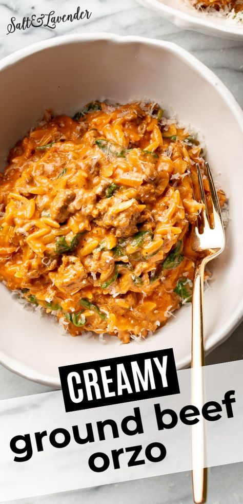 Creamy Tomato Beef Orzo, Creamy Tomato Ground Beef Orzo, Creamy Beef Orzo, Crockpot Recipes Orzo, Orzo Marinara Recipes, Tomato Beef Orzo, Orzo Meals Main Dishes, Taco Orzo Recipes, Ground Beef Orzo With Tomato Cream Sauce