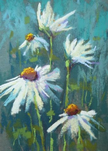 daisy paintings | fresh as a daisy on blue painting by artist karen margulis Chalk Art On Canvas, Chalk Pastel Flowers, Coloured Drawing Ideas, Dry Pastel Art Easy, Painting With Chalk Pastels, Soft Pastel Art Beginners Step By Step, Pastel Art Flowers, Oil Pastels Ideas, Pastel Flowers Art