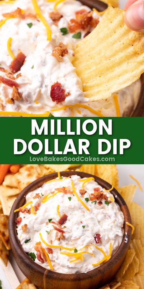 Million Dollar Dip pin collage Bacon Cheddar Ranch Dip, Cheddar Ranch Dip, Superbowl Foods, Million Dollar Dip, Chip Dips, Super Bowl Dips, Baked Potato Dip, Sour Cream Dip, Delicious Dips