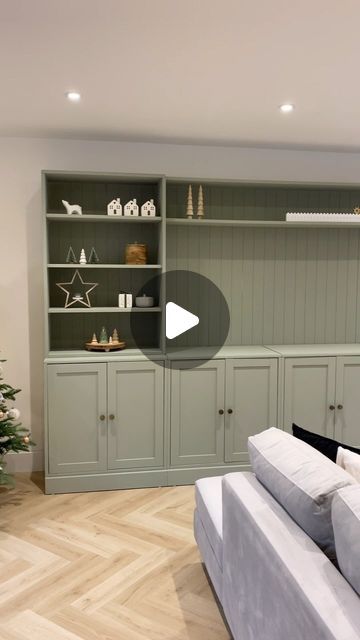 DIY - IKEA Hack on Instagram: "@the_robinsonfamily_abode shared their impressive DIY media wall: combining IKEA HAVSTA units to create a functional storage space with five cupboards. They added a touch of elegance with pre-measured v-groove paneling from @cutmy.uk, painted in sage green from @grahamandbrown. To complete the built-in look, they built two top shelves from wood they picked up at their local timber store.   For more ideas and inspiration, be sure to check out Vicky’s page @the_robinsonfamily_abode  . . . #ikeahack #ikea #ikeahacikeadiy #ikeahome #ikeaideas #ikealover #interiordesign #diy #HomeDecor #diyideas #diyproject #home #HomeDIY #InteriorDesign #havsta" Ikea Built In Havsta Hack, Ikea Hack Built In Storage, Ikea Basement Built Ins, Ikea Storage Wall With Desk, Low Cupboards Living Room, Storage In Living Room Ideas, Tv Wall Decor With Storage, Study Room Wall Panelling, Built In Ikea Tv Unit