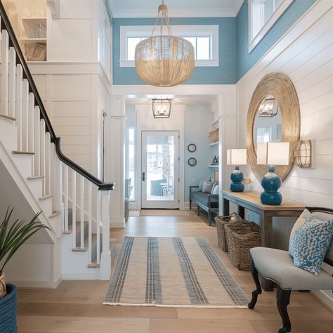 Blue And White Foyer Entryway, Wainscoting Beach House, Coastal Open Floor Plan, Coastal House Foyer, House Coastal Style, Boho Coastal Entryway, Beach House Cottage Decor, House Interior Beach Coastal, Light Blue Hallway Ideas