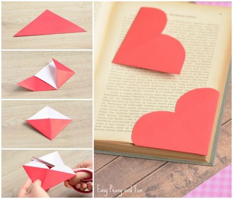 Cute Heart Corner Bookmarks Hart Origami, Origami Bookmark Corner, Hadiah Diy, Tutorial Origami, Heart Bookmark, Origami Bookmark, Bookmark Craft, Valentine's Day Crafts For Kids, Corner Bookmarks