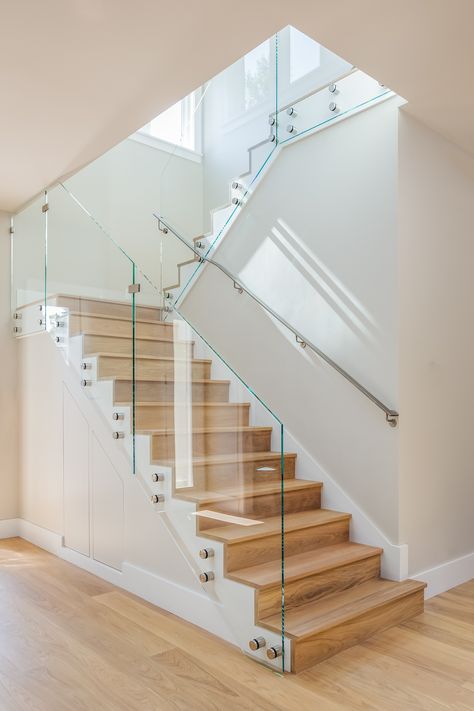 1930 House Renovation, Staircase Glass Design, 1930 House, Glass Stairs Design, Modern Staircase Railing, Glass Staircase Railing, Glass Railing Stairs, Interior Stair Railing, Modern Stair Railing