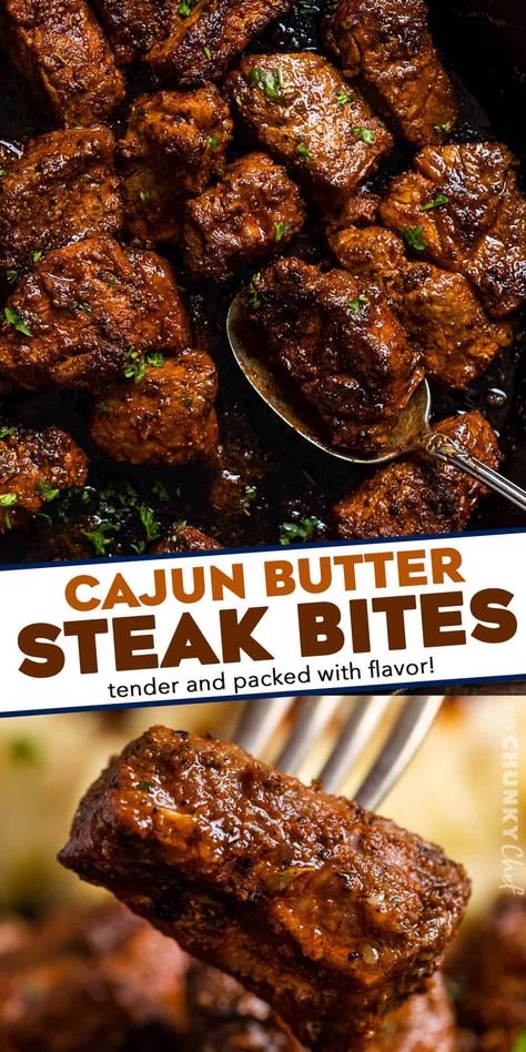 Cajun Garlic Butter Steak Bites - The Chunky Chef Fun And Healthy Dinner Recipes, Steak Bites Marinade Recipes, Fun Healthy Recipes Dinner, Quick Easy Grill Meals, Dinner Ideas Easy Kid Friendly, Popular Dinner Recipes Top 10, Dinner Recipes For Crowd, Steak Bite Marinades, Steak Skillet Recipes