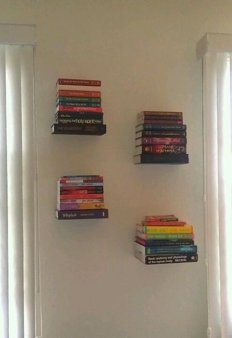 Floating Invisible Bookshelves, Floating Books Wall, Bookshelves In Bedroom Floating, Invisible Floating Shelves, Invisible Bookshelf Wall, Hang Bookshelf On Wall, Invisible Book Shelves, Vertical Floating Bookshelves, Invisable Book Shelves