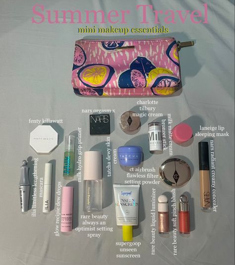 Travel Size Makeup Products, Touch Up Makeup Bag, Mini Travel Size Products, Make Up For Traveling, Car Makeup Kit, Makeup Bag Essentials Everyday, Travel Skincare Kit, Mini Products For Travel, Travel Size Makeup Minis