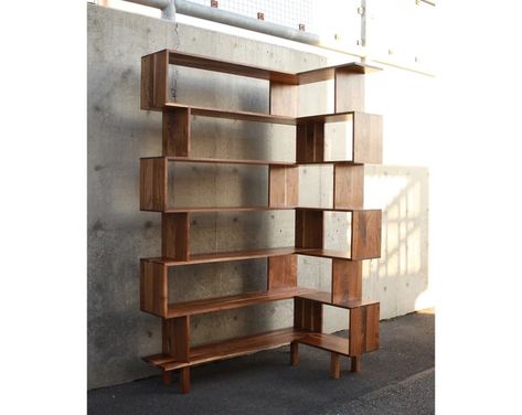 Closet Rebuild, Lp Shelf, Lp Regal, Geometric Shelf, Bookshelves Ideas, Bookcase Tv Stand, Mid Century Bookcase, Geometric Shelves, Wood Finishing