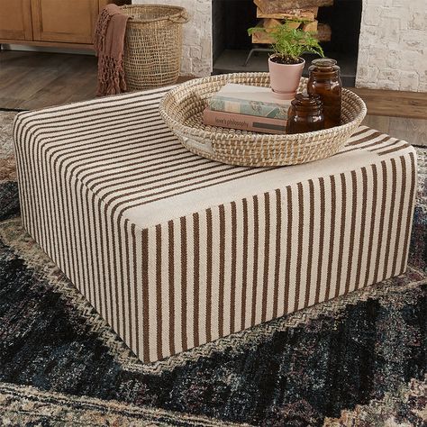 Organic Opulence - Shades of Light Upholstered Coffee Table Ottoman, Ottoman Coffee Table Living Room, Soft Coffee Table, Upholstered Ottoman Coffee Table, Upholstered Coffee Table, Wood Table Rustic, Upholstered Coffee Tables, Stripped Pattern, Oak House