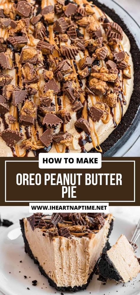 Chocolate Chip Peanut Butter Pie No Bake, Easy Choc Peanut Butter Pie, Pb Pie Oreo Crust, Peanut Butter Cream Cheese Pie No Bake, Reeses Peanut Butter Pie Oreo Crust, Oreo Peanutbutter Dessert, Easter Peanut Butter Pie, Reese’s Peanut Butter Pie No Bake, Recess Peanut Butter Pie