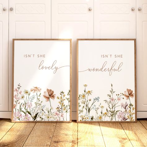 A boho nursery wall art set of 2 featuring wildflower nursery decor and song lyrics to complete your floral nursery. Hang these wildflower prints in your little girl's room or give as a unique baby shower gift! Boho Nursery Wall Art, Wildflower Nursery Decor, Botanical Print, Floral Nursery Art, Girl Nursery Decor, Wildflower Prints, Meadow flowers *PLEASE NOTE - frames are NOT included with purchase. Frames are shown for display purposes only. I am happy to provide affordable, quality frame rec Baby Girl Nursery Wildflower Theme, Wildflower Baby Girl Nursery, Wildflower Toddler Girl Room, Boho Wildflower Nursery, Wildflower Baby Nursery, Wildflower Nursery Theme, Modern Floral Nursery, Vintage Flower Nursery, Secret Garden Nursery