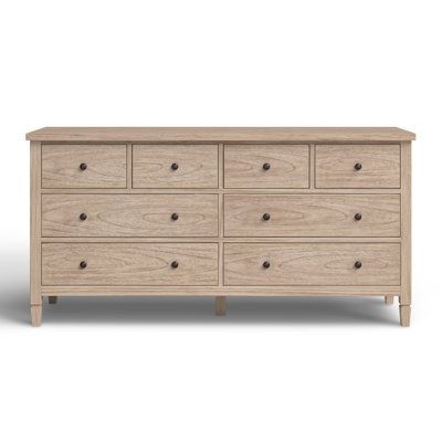 This 8-drawer double dresser brings vintage-inspired charm and plenty of storage space to any bedroom aesthetic, from traditional to coastal. Its frame is made from solid and engineered wood, and it showcases a warm, weathered finish that lets you see the natural variations in the wood grain. The eight drawers on smooth, ball-bearing glides offer lots of room to tuck away sweaters and shirts in your bedroom or extra linens and towels in your guest room. We also love how the bronze hardware and c Neutral Wood Dresser, Extra Long Bedroom Dresser, Best Furniture Stores, Dresser Ideas, Dresser Wood, Relaxed Elegance, 8 Drawer Dresser, Wreath Wall Decor, 9 Drawer Dresser