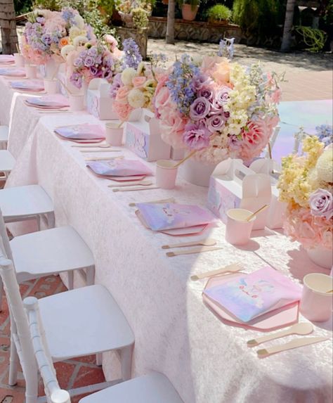 Princess Party Flower Centerpieces, Pastel Color Party Ideas, Pastel Colors For Birthday Party, Pink Yellow Blue Birthday Party, Pastel Color Theme Party, Pastels Birthday Theme, Unicorn Flower Centerpiece, Pastel Flower Table Arrangements, Pink Blue Birthday Party