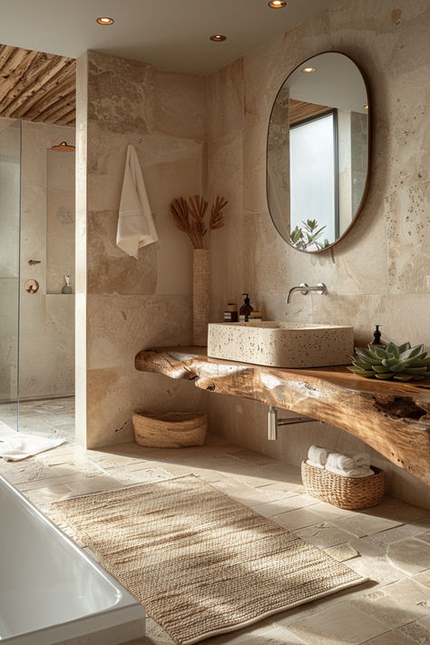 organic modern bathroom, earthy bathroom, beige bathroom, bathroom decor Earthy Washroom Design, Minimal Organic Bedroom, Super Modern Bathroom, Bathroom Basin Decor, Stone Spa Bathroom, Organic Materials Interior Design, World Of Interiors Bathroom, Earthy Bathroom Ideas Natural Modern, Stone Wood Bathroom