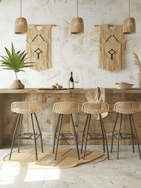 Boho-Style Kitchen Bar: Rattan Stools & Macramé Wall Hangings Modern Boho Bar Stools, Bohemian Bar Decor, Boho Beach Restaurant, Beach Boho Kitchen, Bohemian Bar Design, Boho Restaurant Interior Design, Boho Bar Stools, Macrame Stool, Boho Style Apartment