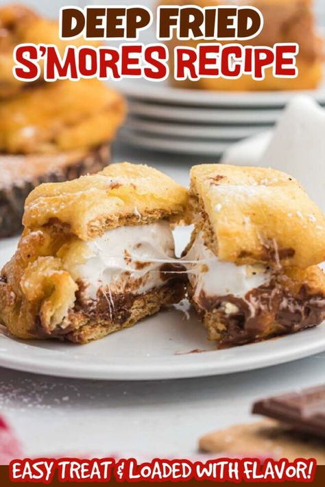 We love S'mores but these Homemade Deep Fried S'mores takes our favorite dessert to the next level. Simple to make and loaded with amazing flavor. These Fried S'mores would be the perfect summer or winter time treat. Dust with powdered sugar for the ultimate s'more treat. #dessertsonadime #deepfriedsmores #homemadesmores Fried Smores, Homemade Smores, Deep Fried Desserts, Chocolate Lasagna Recipe, Fried Dessert, Campfire Treats, Smore Recipes, Camping Desserts, Delicious Cream