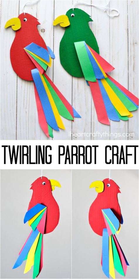 Colorful and fun twirling parrot craft for kids. Great bird craft for a jungle theme unit, fun kids crafts and jungle crafts for kids. Burung Kakatua, Tropisk Fest, Kunst For Barn, Parrot Craft, Jungle Crafts, Bird Craft, Construction Paper Crafts, Paper Craft Tutorials, Vbs Crafts