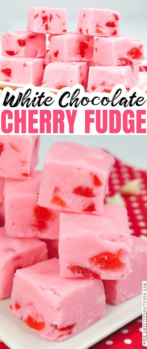 Chocolate Cherry Fudge, Cherry Fudge, White Chocolate Cherry, Homemade Fudge Recipes, White Chocolate Fudge, Vanilla Fudge, Maraschino Cherries, Fudge Recipes Easy, Candy Recipes Homemade