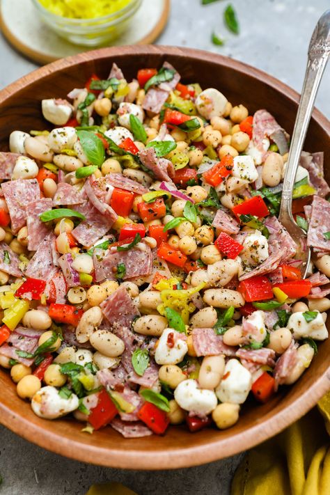 Easy Italian Grinder Bean Salad Chickpea Grinder Salad, Antipasto Bean Salad, Italian Grinder Bean Salad, Sun Dried Tomato Dense Bean Salad, Easy Lunch High Protein, Chicken Bean Salad, Protein Bean Salad, Grinder Bean Salad Recipe, Violet Witchel Dense Bean Salad