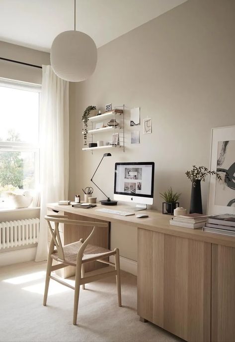 Pale oak desk, Wishbone chair, white linen curtains and String Pocket shelving in a minimalist yet cosy home office with greige walls | A home-office revamp with an IKEA desk hack | These Four Walls blog Lime Wash Office, Simple White Desk, White Oak Desk, Rustic Minimalism, Beige Desks, Office Curtains, Ikea Home Office, Billy Ikea, Ikea Desk Hack