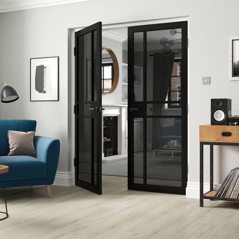 Discover our entire range of doors by visiting https://www.jbkind.com/ Door Partition, Black Interior Door, Industrial Doors, Internal Glass Doors, City Black, Contemporary Industrial, Internal Door, Tinted Glass, Urban Industrial