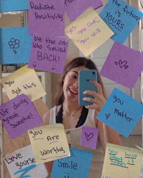 Sticky Notes Around Mirror, Things To Write On A Sticky Note, Sticky Notes On Mirror Self Love, Sticky Note Wall Ideas, Stick Notes Ideas Wall, Truth Mirror, Mirror Motivation, Mini Quotes, Kindness Notes