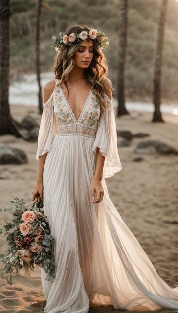 15 Beach Wedding Dresses For Every Type of Bride: The Best 2024 Ideas Boho Wedding Beach Dress, Beautiful Beach Wedding Dresses, Boho Outdoor Wedding Dress, Beaded Beach Wedding Dress, Rustic Bride Dress, Western Vow Renewal Dress, Wedding Dress Boho Chic Romantic, Boho Bride Dress Simple, Small Forest Wedding Dress