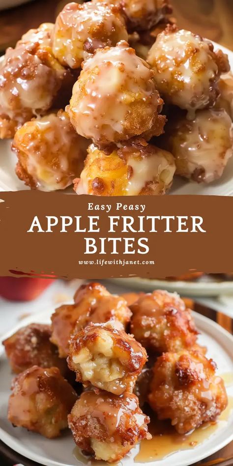 Apple Fritter Bites Cinnamon Apples Dessert, Cinnamon Apple Desserts Easy, Maple Apple Desserts, One Apple Recipes, Fall Easy Treats, Apple Fritter Bake, Cinnamon Apple Pastries, Easy Apple Recipes Quick, Desert Bites Easy