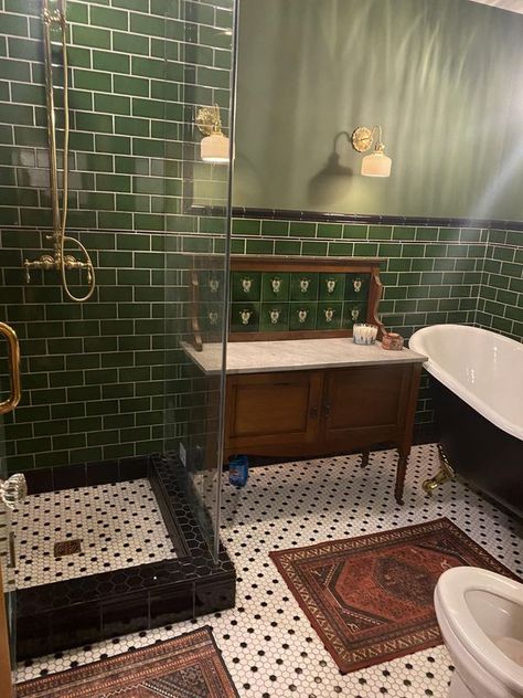 Our Old House | Hi all! I just wanted to introduce myself and share a photo I took of our recently almost done bathroom Reno. | Facebook Clawfoot Tub Bathroom Aesthetic, Green Victorian Bathroom, Old Bathroom Aesthetic, 1920 Bathroom 1920s Style, 1920’s Bathroom, 1920s Home Interior, Old Bathroom Makeover, Earthy House, Modern Victorian Bathroom