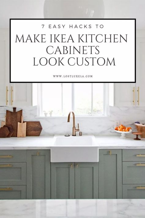 7 Easy Ways to Make Ikea Kitchens Look Custom | Lost Luxe Ikea Kitchen Blue Cabinets, Kitchen Design Dark Wood Floor, Desert Grey Semihandmade, Kitchen Remodel Ikea Cabinets, Ikea Kitchen Wood Countertops, Make Ikea Cabinets Look Custom, Ikea Custom Kitchen, Kitchen Diy Cabinets Ikea Hacks, Ikea Kitchen Inspiration Modern