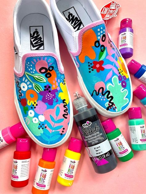 Painted Slip On Vans, Shoe Art Ideas, Tulip Fabric Paint, Shoe Art Designs, Canvas Shoes Diy, Hand Painted Vans, Tulip Fabric, Painted Shoes Diy, Painted Canvas Shoes