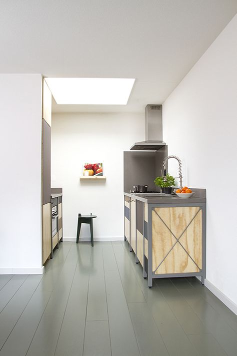 Constructive Kitchen by Studio Mieke Meijer #kitchen #minimal Modern Industrial Kitchen Design, Hanging Pot Racks, Traditional Bedside Tables, Modern Industrial Kitchen, Skylight Kitchen, Pot Racks, Industrial Kitchen Design, Industrial Style Lighting, Traditional Cabinets